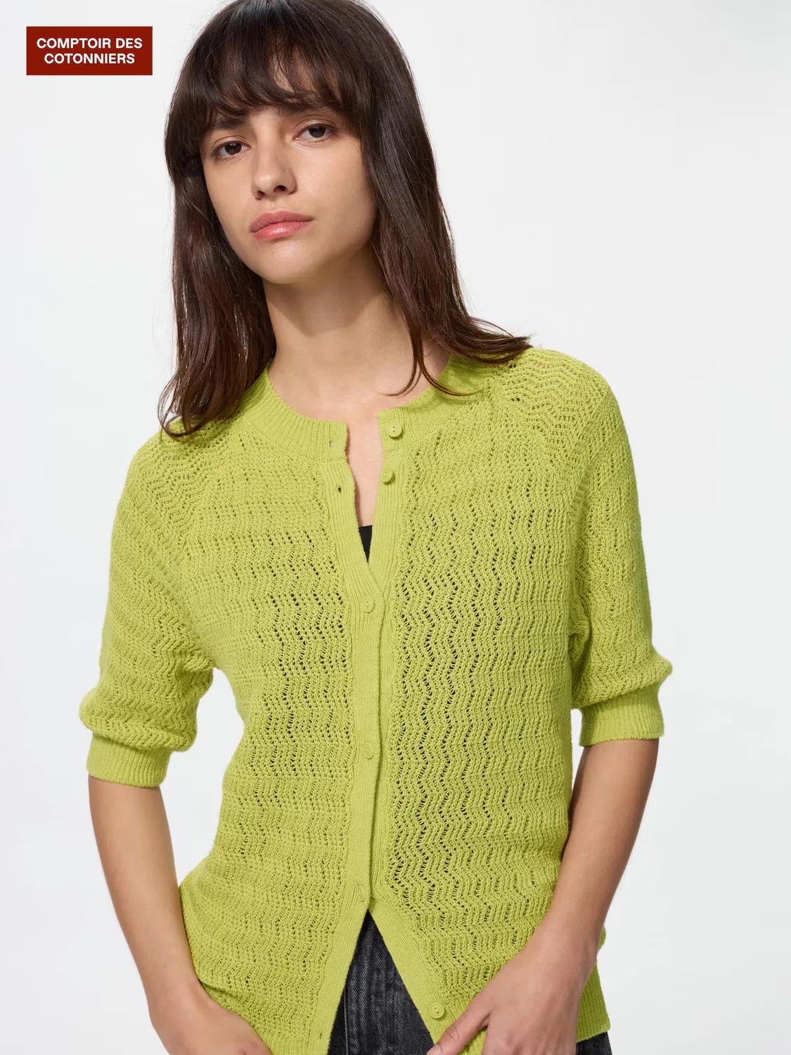 Кардиган Uniqlo, льняной с круглым вырезом и рукавами 5/8, зеленый