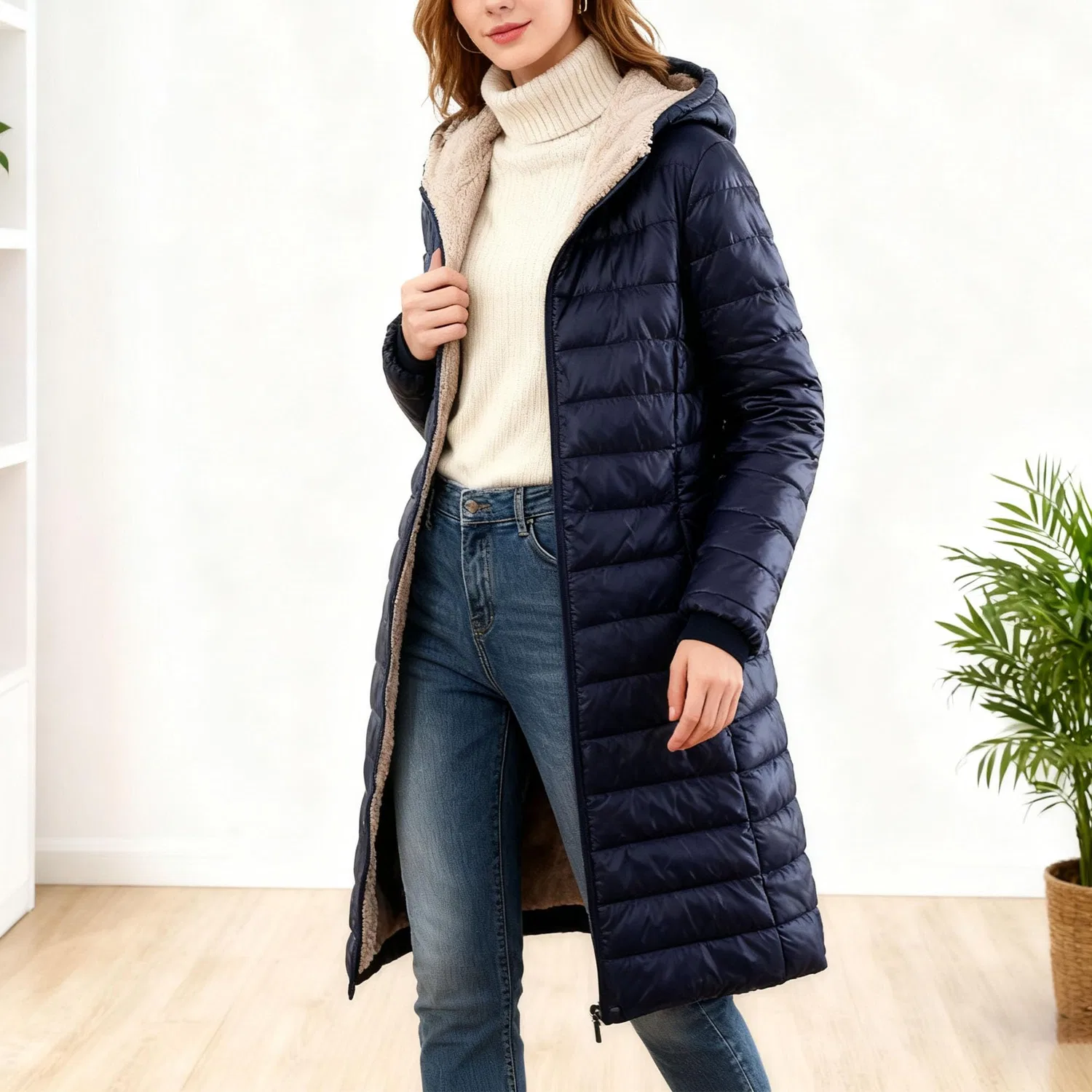 Женское зимнее пальто с капюшоном и утеплителем, Blu navy — фото 3