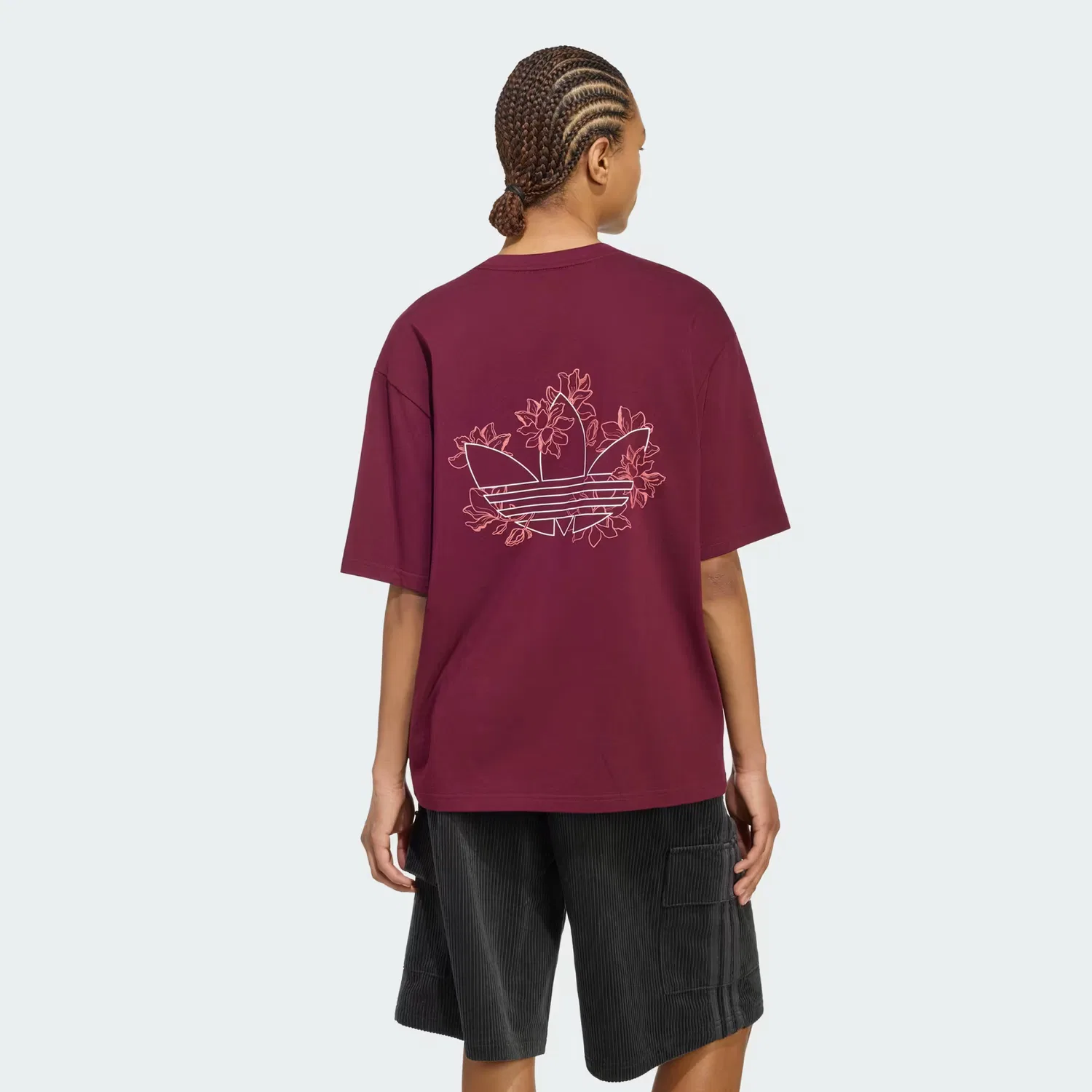 Женская футболка оверсайз с цветочным принтом FLORAL GFX TEE Adidas Originals, темно-бордовый — фото 2