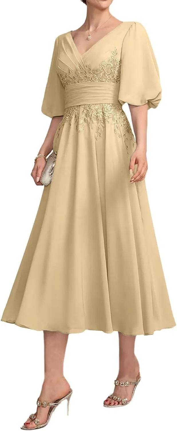 Женское платье с кружевными аппликациями Tea Length MJ70, Champagne