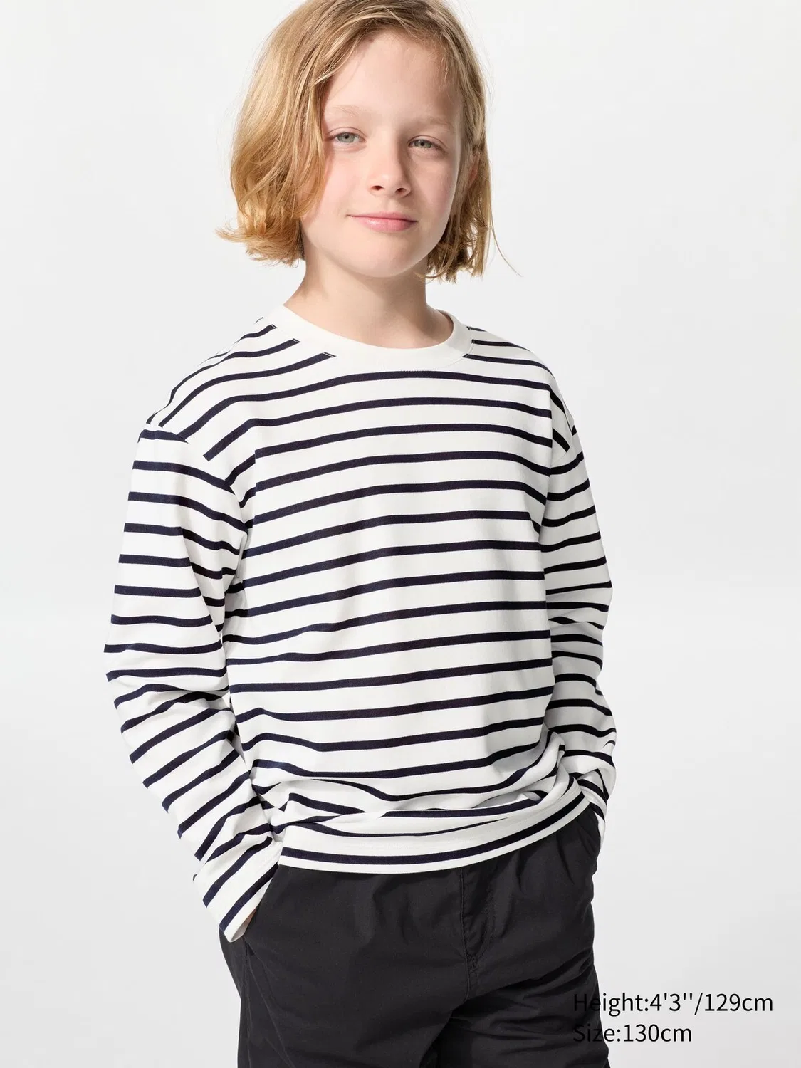 Детская футболка Uniqlo Airism, с круглым вырезом и длинными рукавами, в полоску, темно-синий