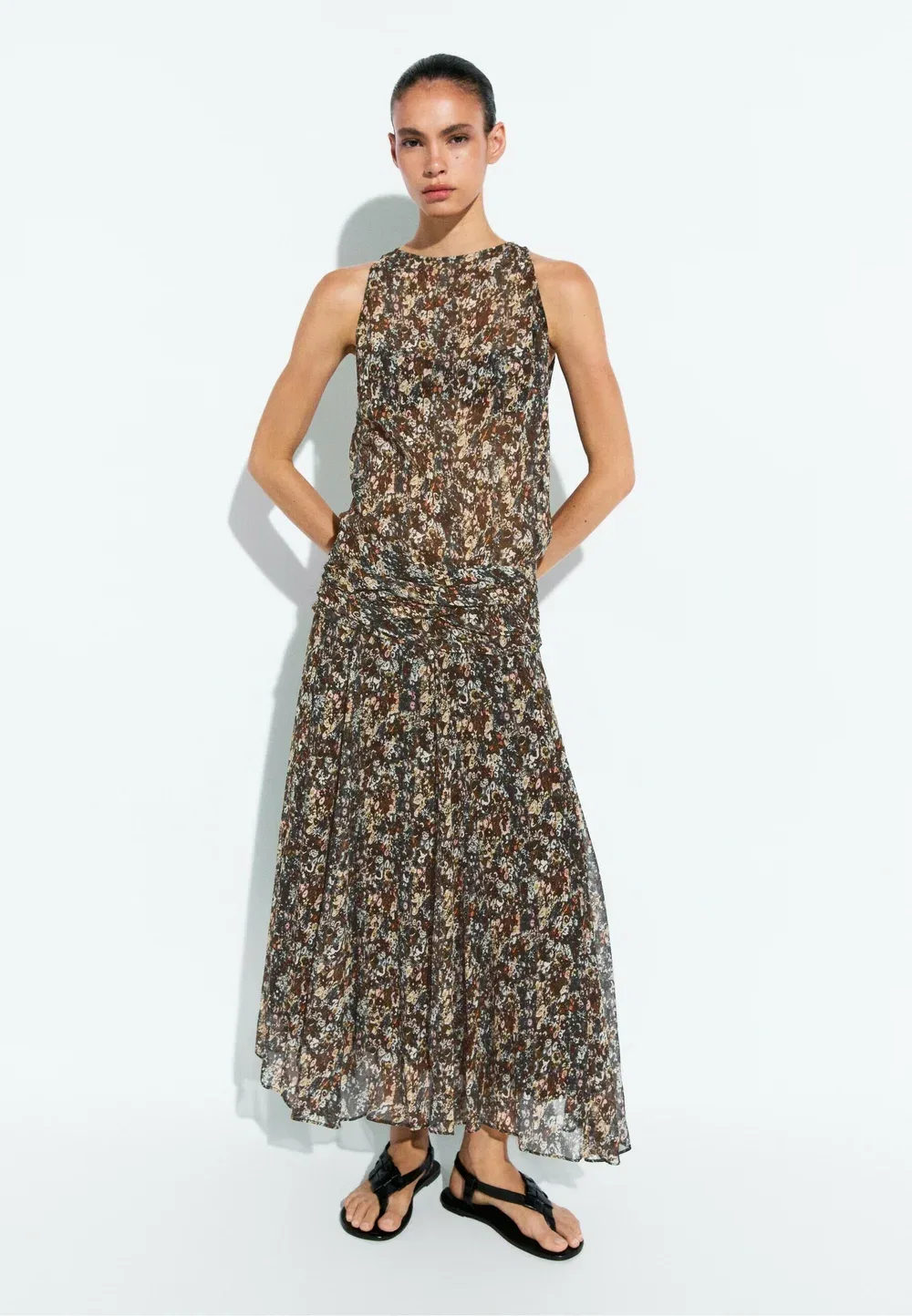 Платье с принтом и поясом - макси-платье Massimo Dutti, Black