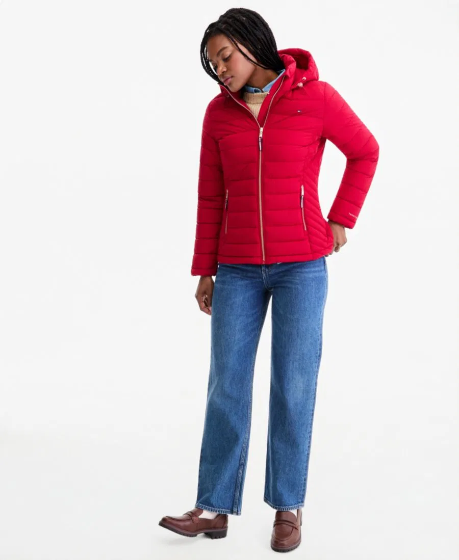 Женское пальто-пуховик с капюшоном, модель Hooded Packable Puffer Coat Tommy Hilfiger, Crimson