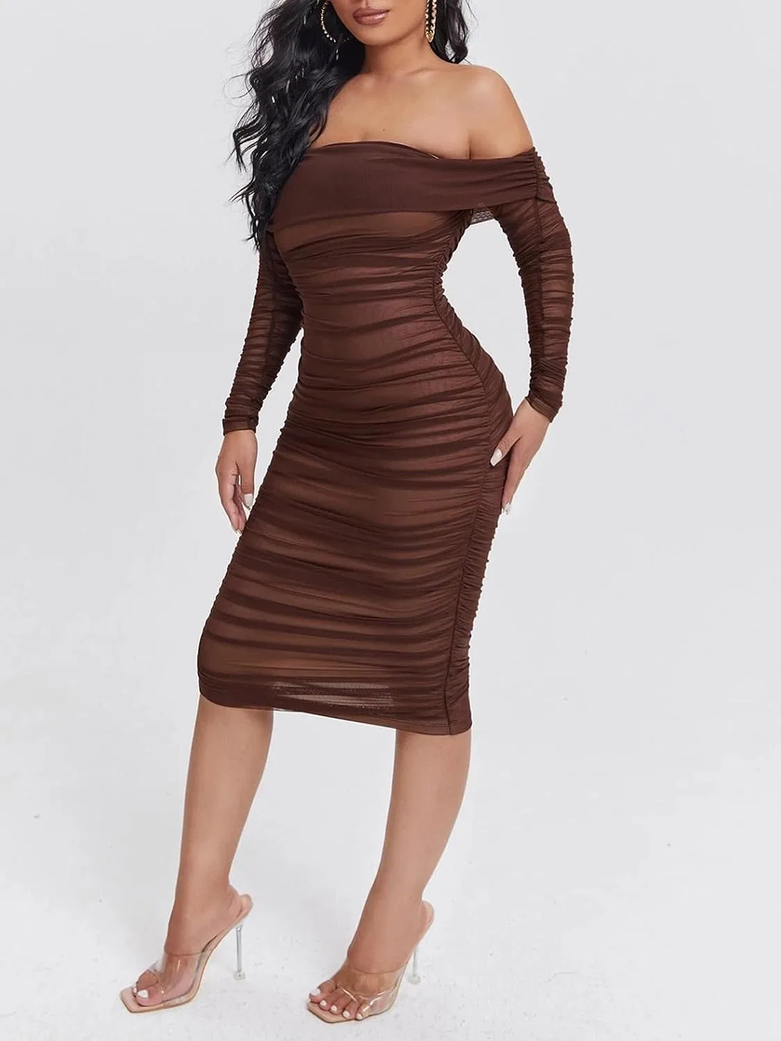 Женское макси-платье с длинным рукавом, бэклесс, с рюшами, Off-Shoulder, Chocolate Brown — фото 4