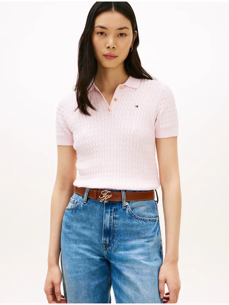Свитер поло хлопковый кабельный TOMMY HILFIGER, Light Pink
