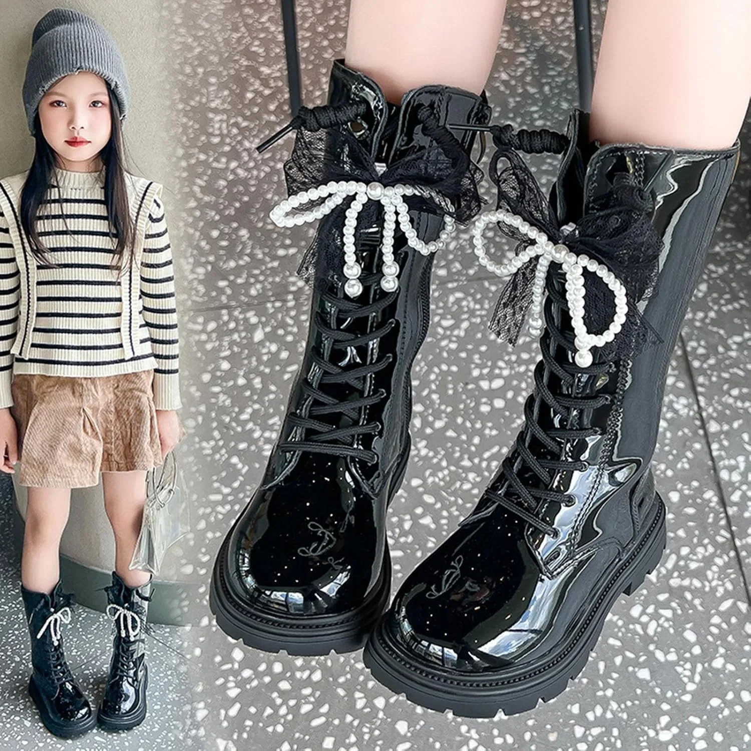 Детские сапоги для девочек с бантом, модель Shiny Dress Boots, Black — фото 2