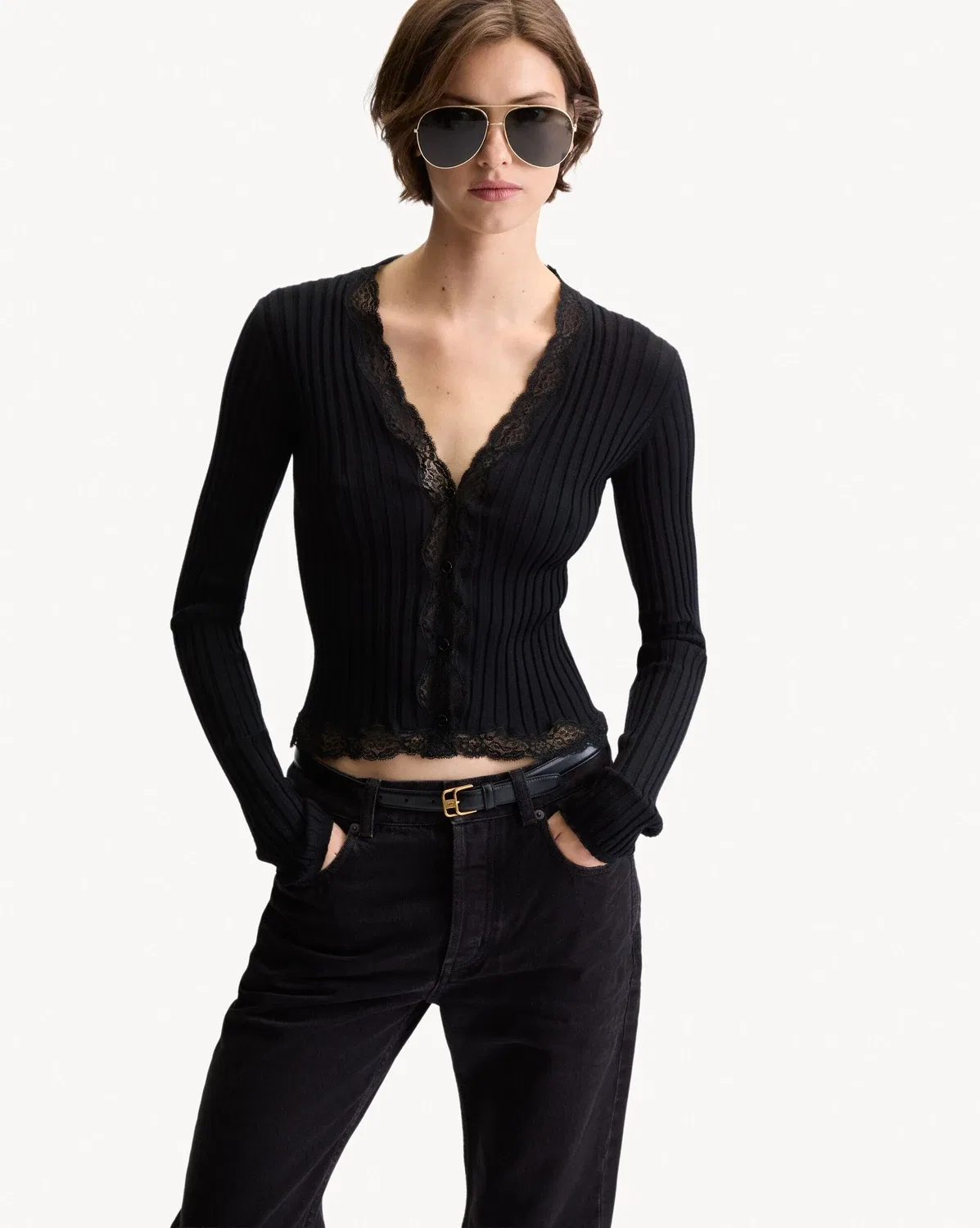 Кардиган в рубчик из шерсти кашемира и шелка с кружевной отделкой SAINT LAURENT, черный — фото 2