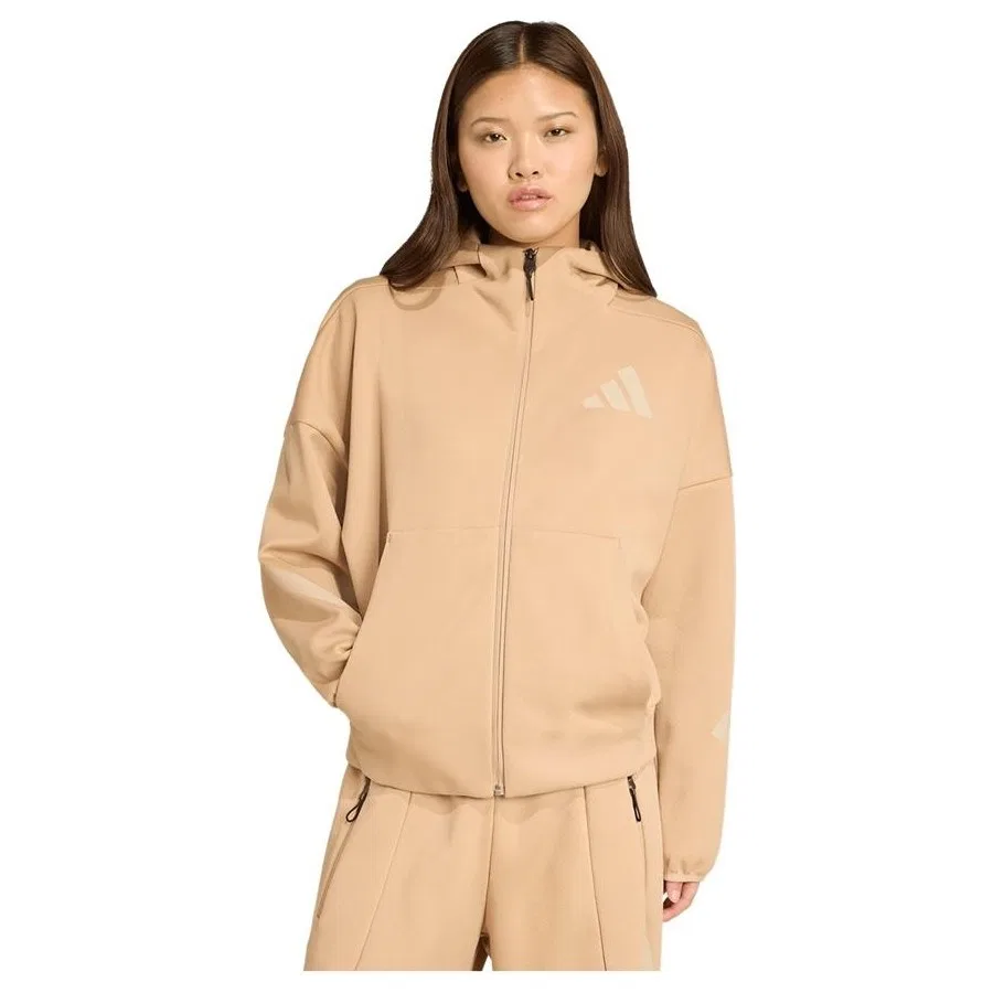Женская куртка с капюшоном из трикотажа PRIMEKNIT W Z.N.E. FZ adidas, Коричневый — фото 2