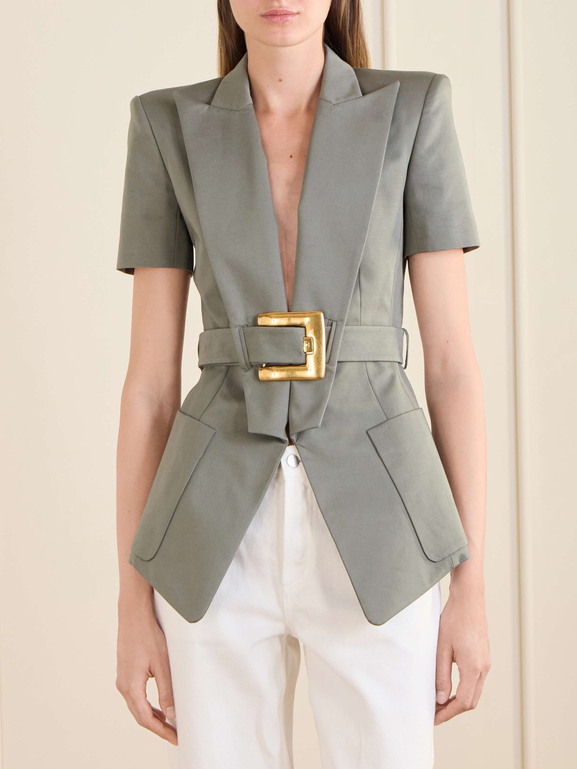 Пиджак Balmain Belted Cotton-gabardine, серо-зеленый — фото 3