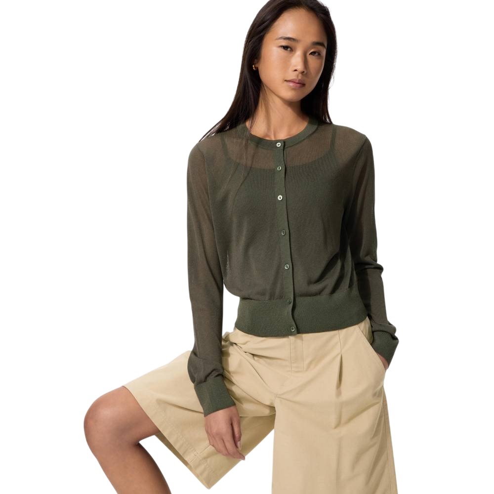 Кардиган Uniqlo Sheer Сrew Neck Short / washable, 58 темно-зеленый