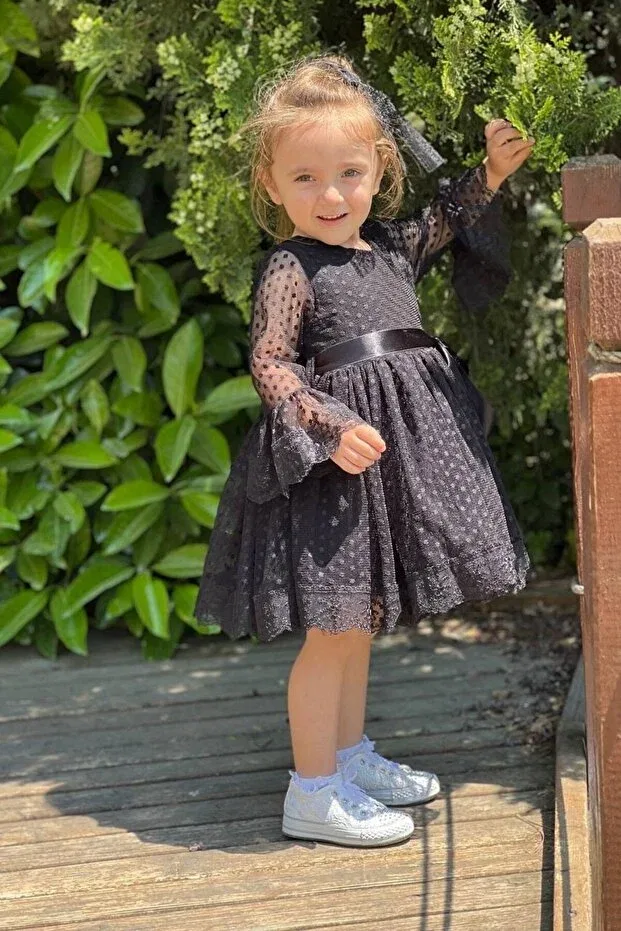 Детское кружевное платье для девочек с длинным рукавом Aby4518 Abiyekids, Black