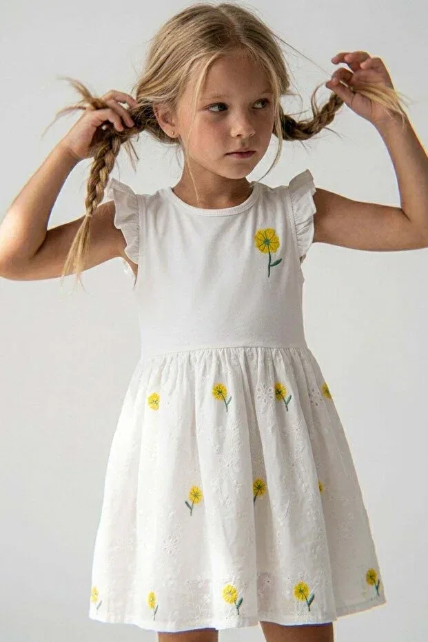 Детское платье для девочек с принтом Girl's dress yellow floral embroidered skirt with lace detail floral Breeze, Ecru — фото 2