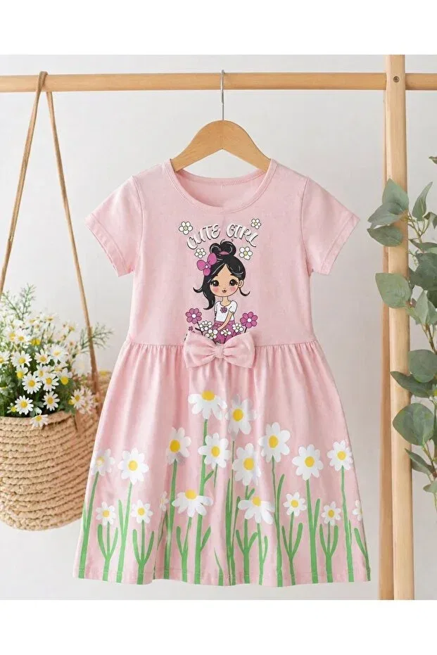 Детское платье-футболка с принтом Bow Tie Detailed Girls' Dress Durukoza, Pink — фото 3