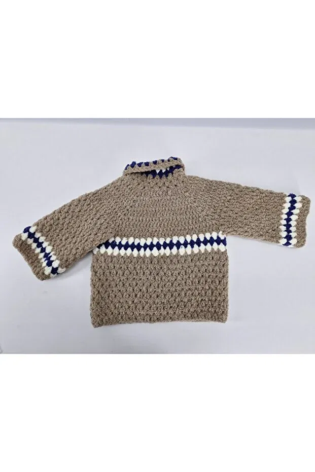 Детский кардиган с полосками Hand knitted soft plus brown navy blue white striped cardigan Evitle, Brown — фото 3