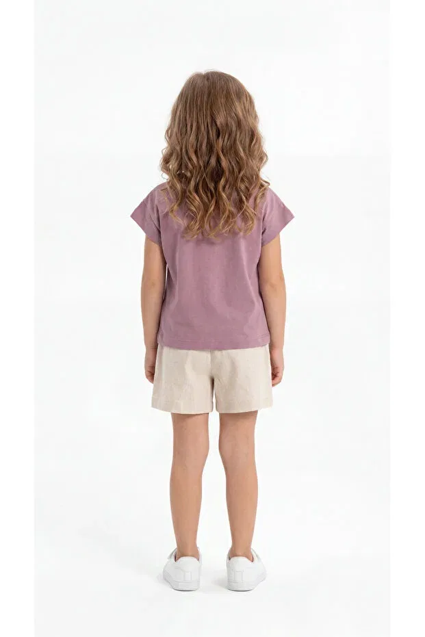Детский комплект футболки и шорт с принтом Floral Patterned Appliqued Belted Mışıl Kids, Lilac — фото 4