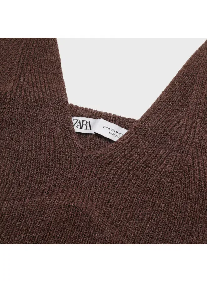 Пуловер с V-образным вырезом вязаный Zara, коричневый — фото 4