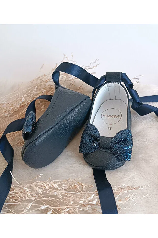 Детские балетки для девочек из натуральной кожи Perla stone navy blue genuine leather baby ballerina shoes Hodore, Navy Blue With Stones — фото 4