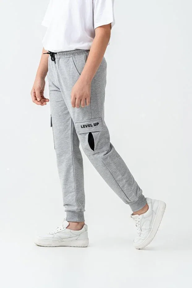 Детские спортивные штаны для мальчиков с принтом Cargo Pocket Cover Level Up Mışıl Kids, Gray Melange — фото 4