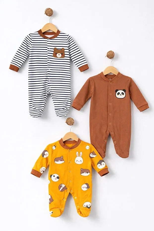 Детское боди-комбинезон для девочек с принтом Colorful Panda Patterned Bubito, Yellow Brown Striped
