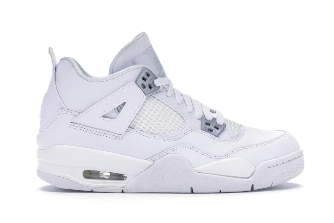 Детские кроссовки для мальчиков с кожаным верхом Jordan 4 Retro Pure Money Jordan, White/Metallic Silver-Pure Platinum