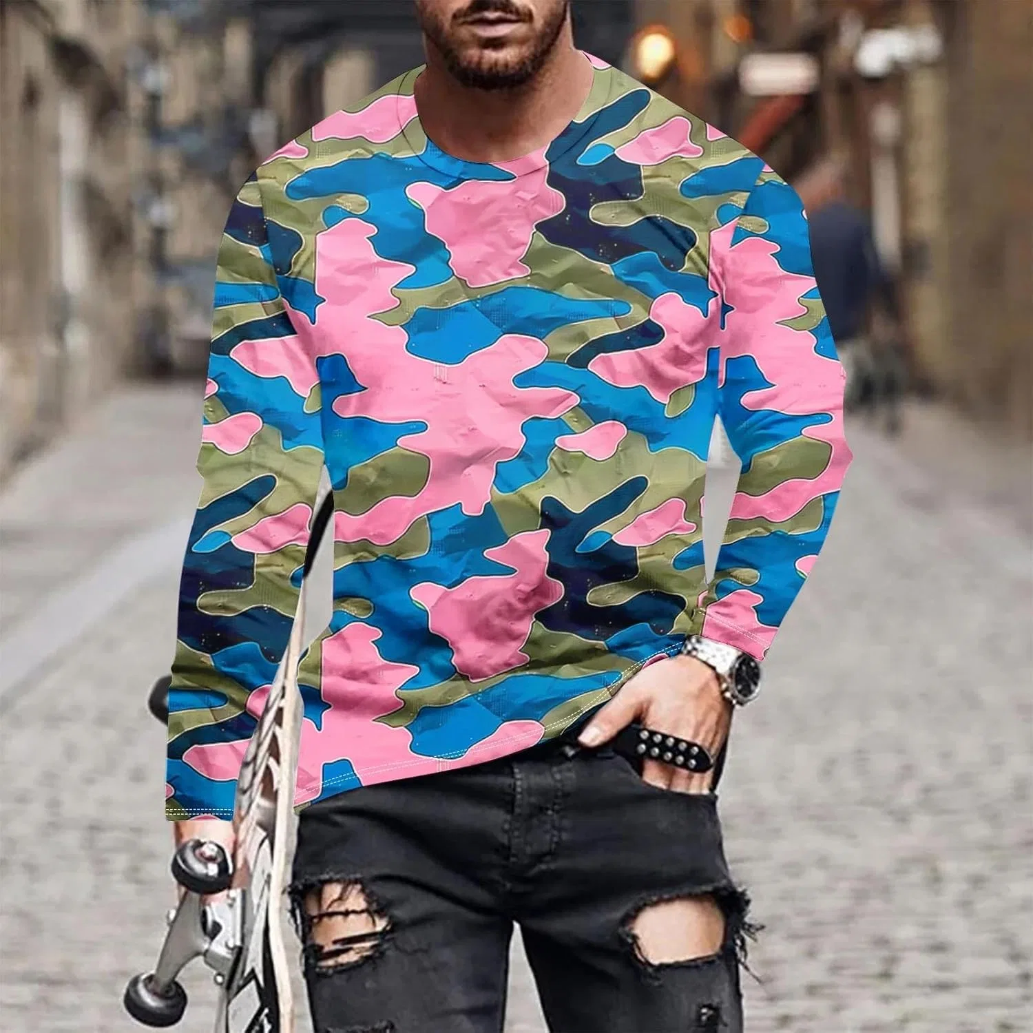 Мужская свободная футболка с камуфляжным принтом Long Sleeve, Multicolor — фото 2