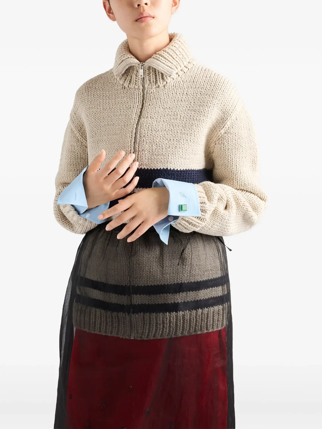 Шерстяной кардиган на молнии Prada, нейтральные цвета — фото 4