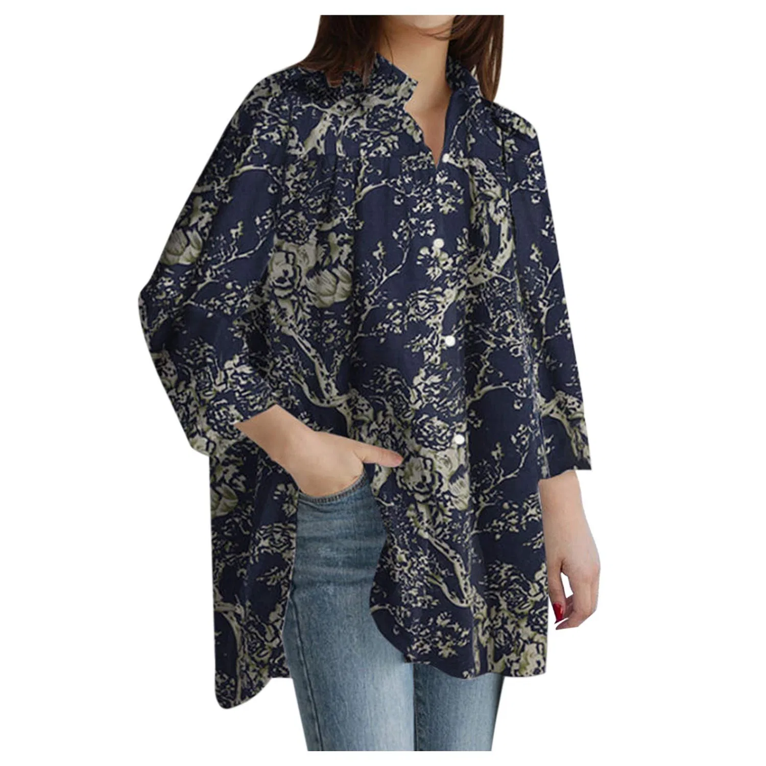 Женская блузка с длинным рукавом с боковыми разрезами, Z02 Floral Black