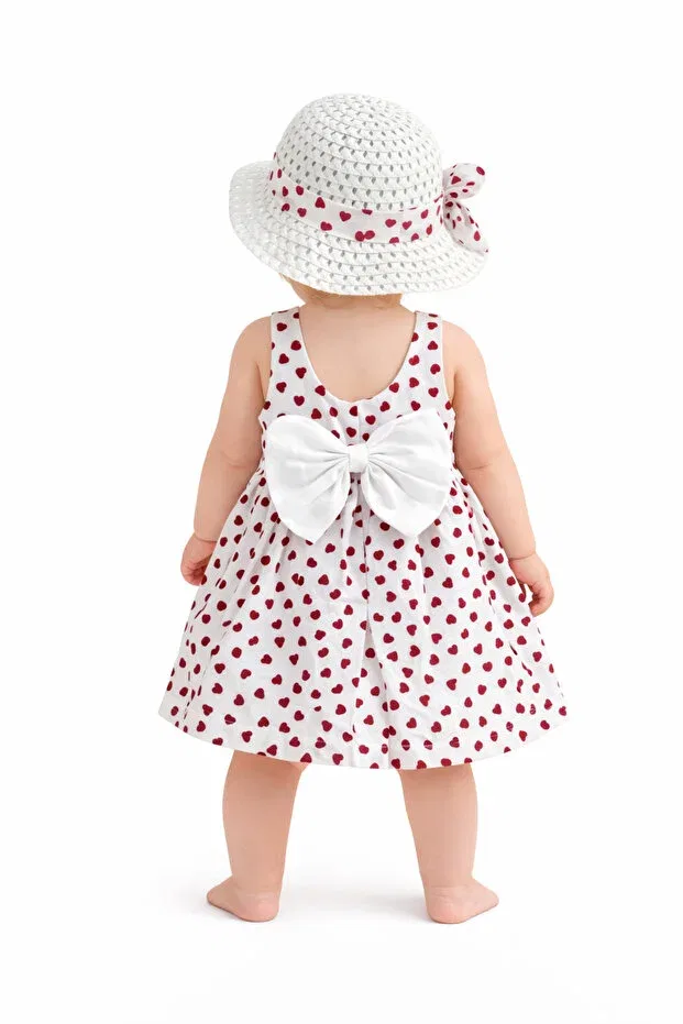 Детское платье для девочек с принтом Tatl baby girl heart patterned strap dress and hat set Chicsy Baby, Red — фото 2