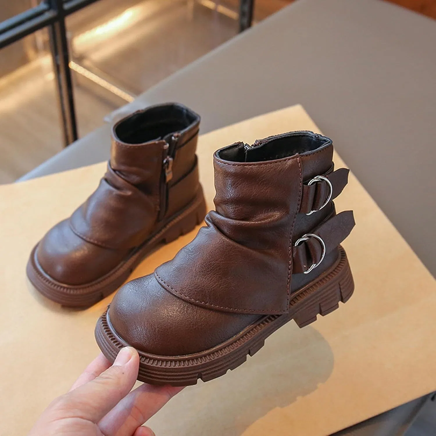 Детские ботинки с шнуровкой и боковой молнией Knee-High Lug XovLAHzY, Brown — фото 2