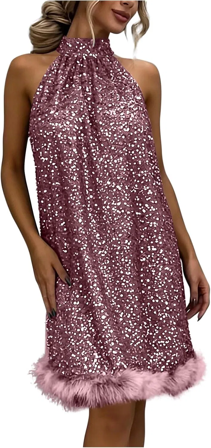 Женское блестящее мини-платье с пайетками на бретелях Off Shoulder, Pink