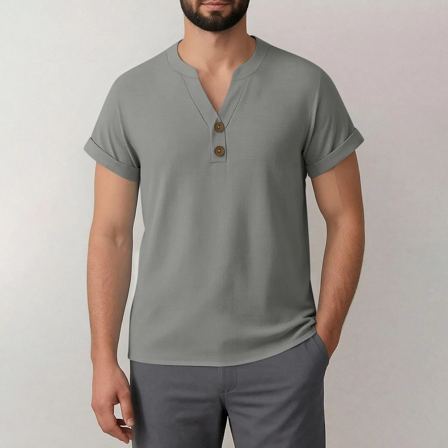 Мужская футболка с V-образным вырезом Henley, Gray — фото 3
