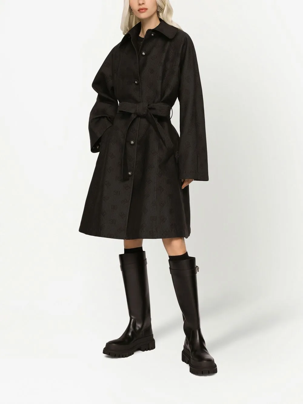 Жаккардовое пальто с поясом и логотипом DG DOLCE & GABBANA, черный — фото 3