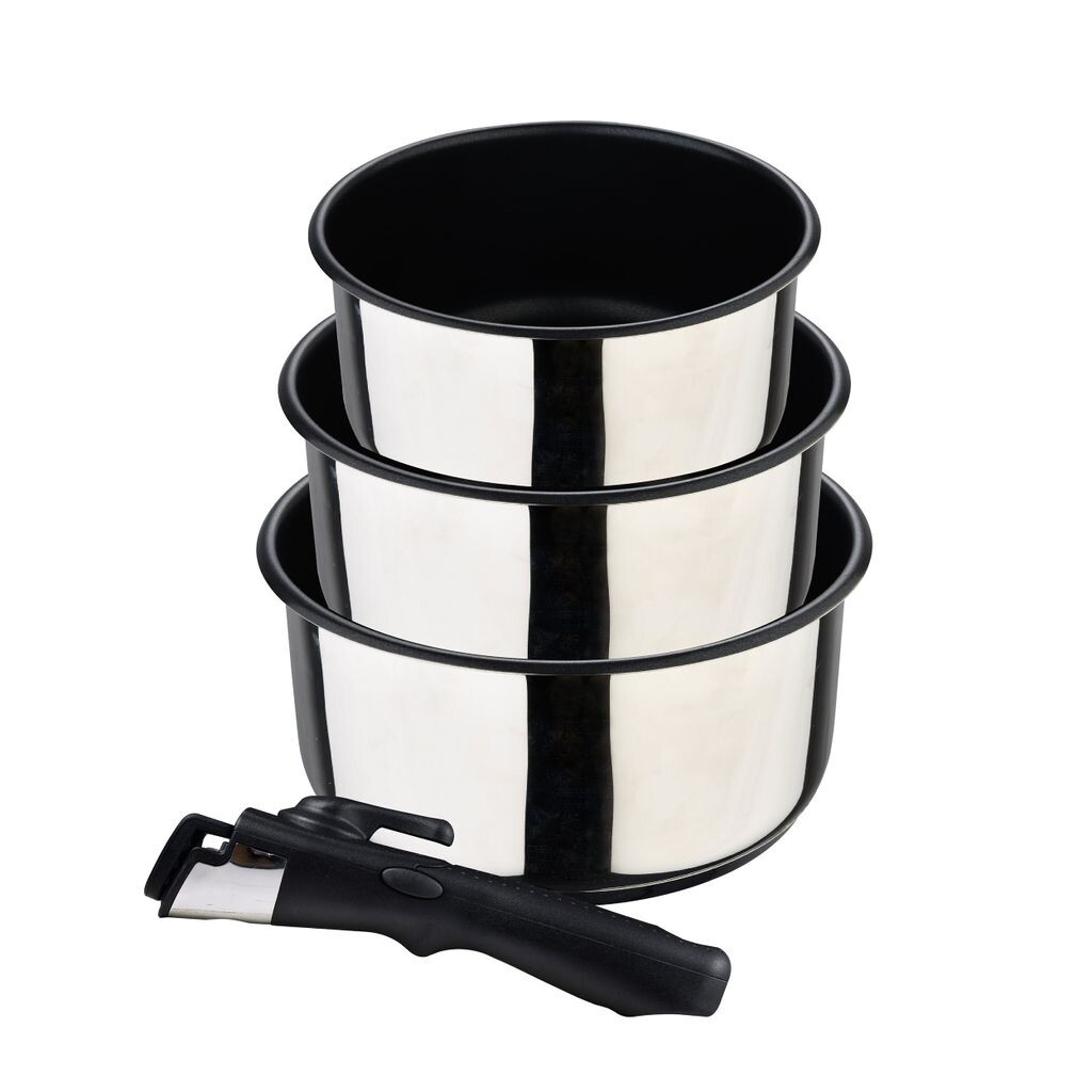 

Bergner Click&Cook - Набор кастрюль из 4 предметов - Изготовлен из нержавеющей стали с антипригарным покрытием - Включает 3 кастрюли диаметром 16, 18 и 20 см + съемная ручка - Для всех типов плит и духовок - Сковороды из нержавеющей стали