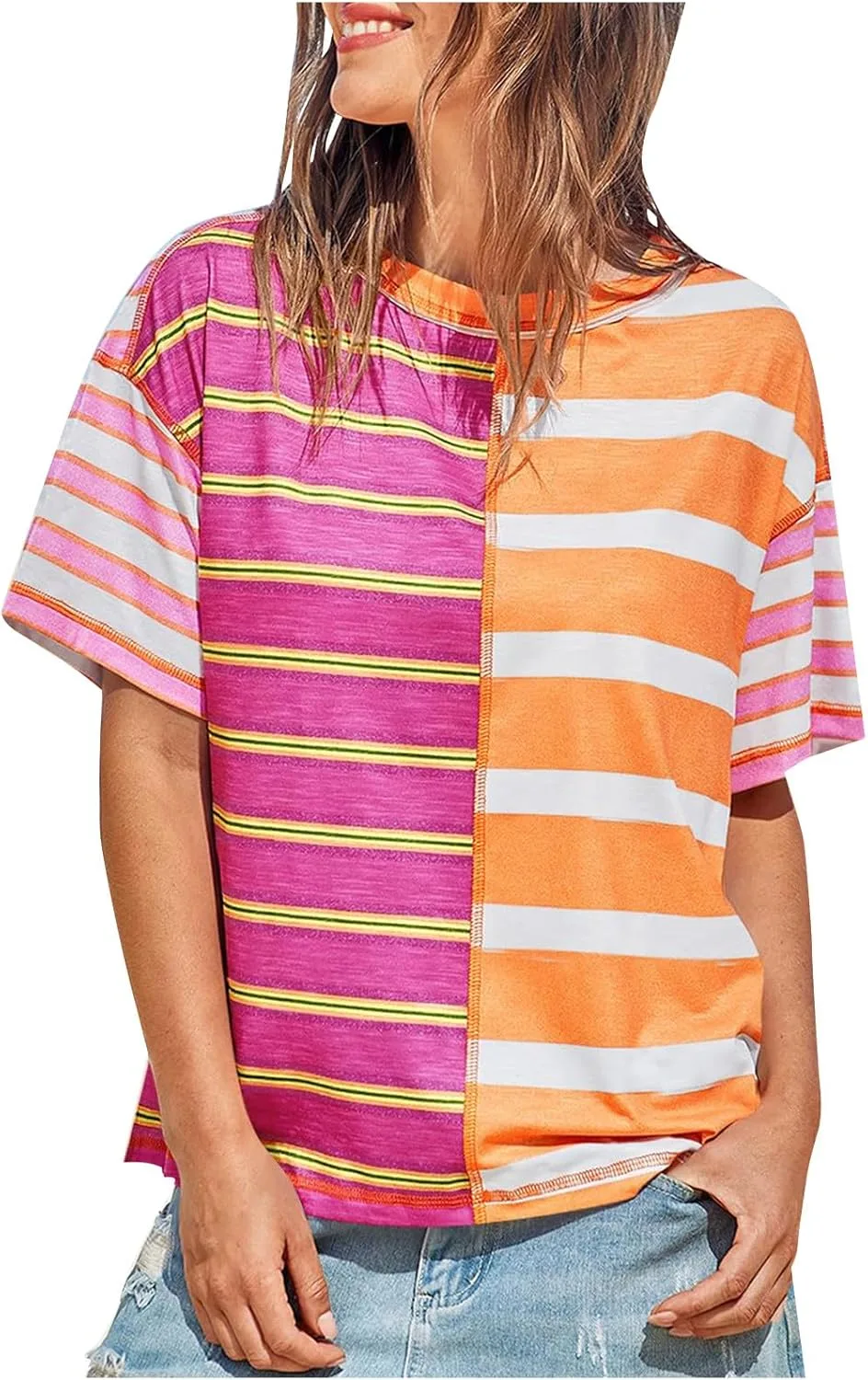 

Женская летняя футболка с коротким рукавом и круглым вырезом, цветной блок и свободный крой bawilom