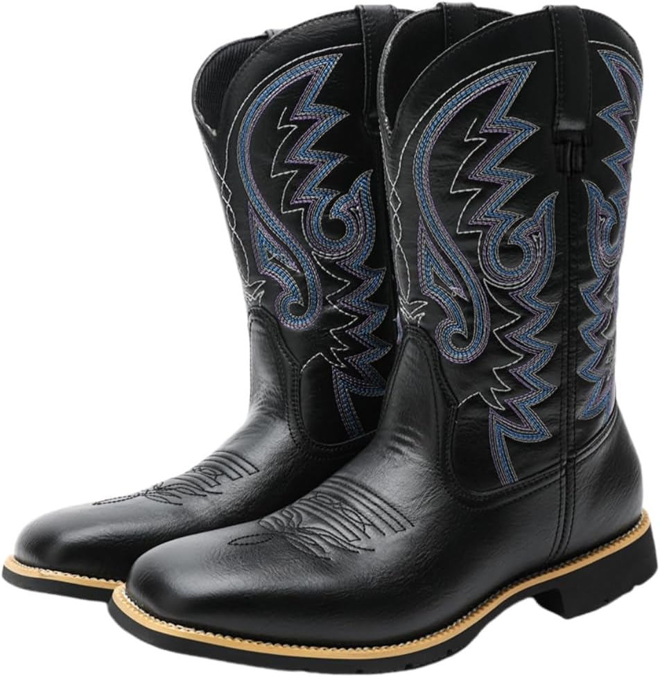 

Мужские ретро-ковбойские ботинки с широким верхом, высокие, подходящие для верховой езды, альпинизма, путешествий и модной универсальной одежды Fmshi, черный