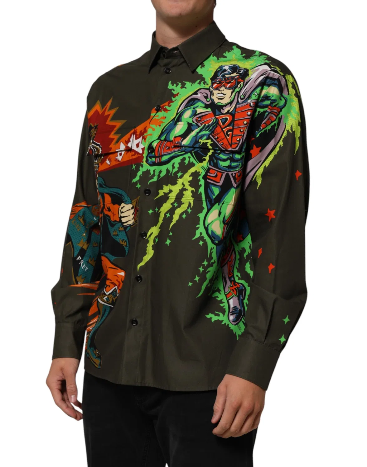 Мужская рубашка с принтом супергероев, Green Superhero Print, Dolce & Gabbana, Brown — фото 3