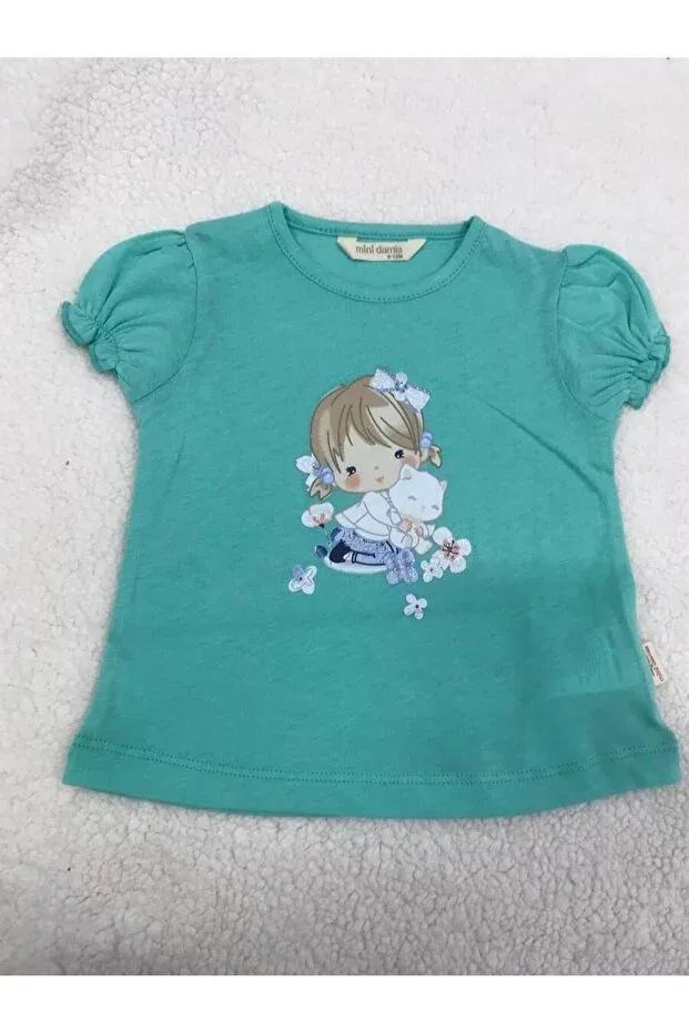 Детская футболка с принтом для девочек Damla t-shirt girl with cat Mini, Green