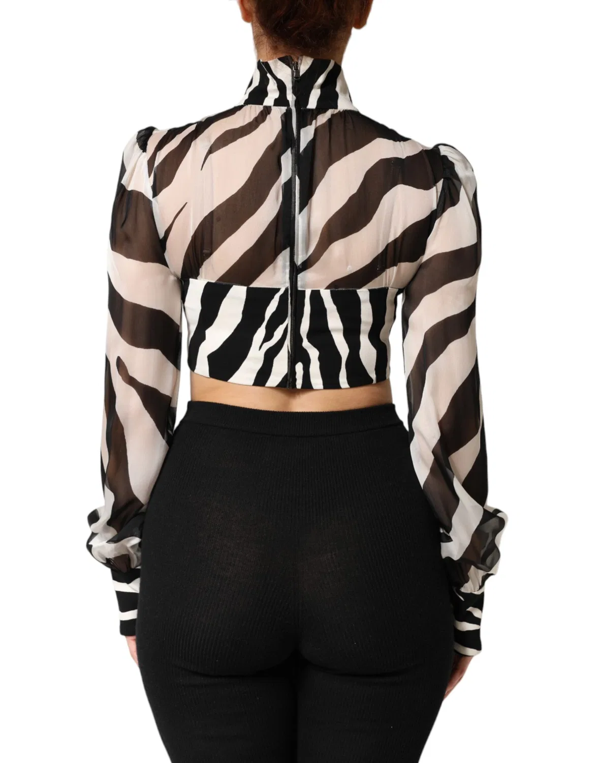 Женская блузка с принтом зебры с длинным рукавом и воротником-гольф Zebra Print Chiffon Paneled Crop Blouse Top Dolce & Gabbana, Black and White — фото 4