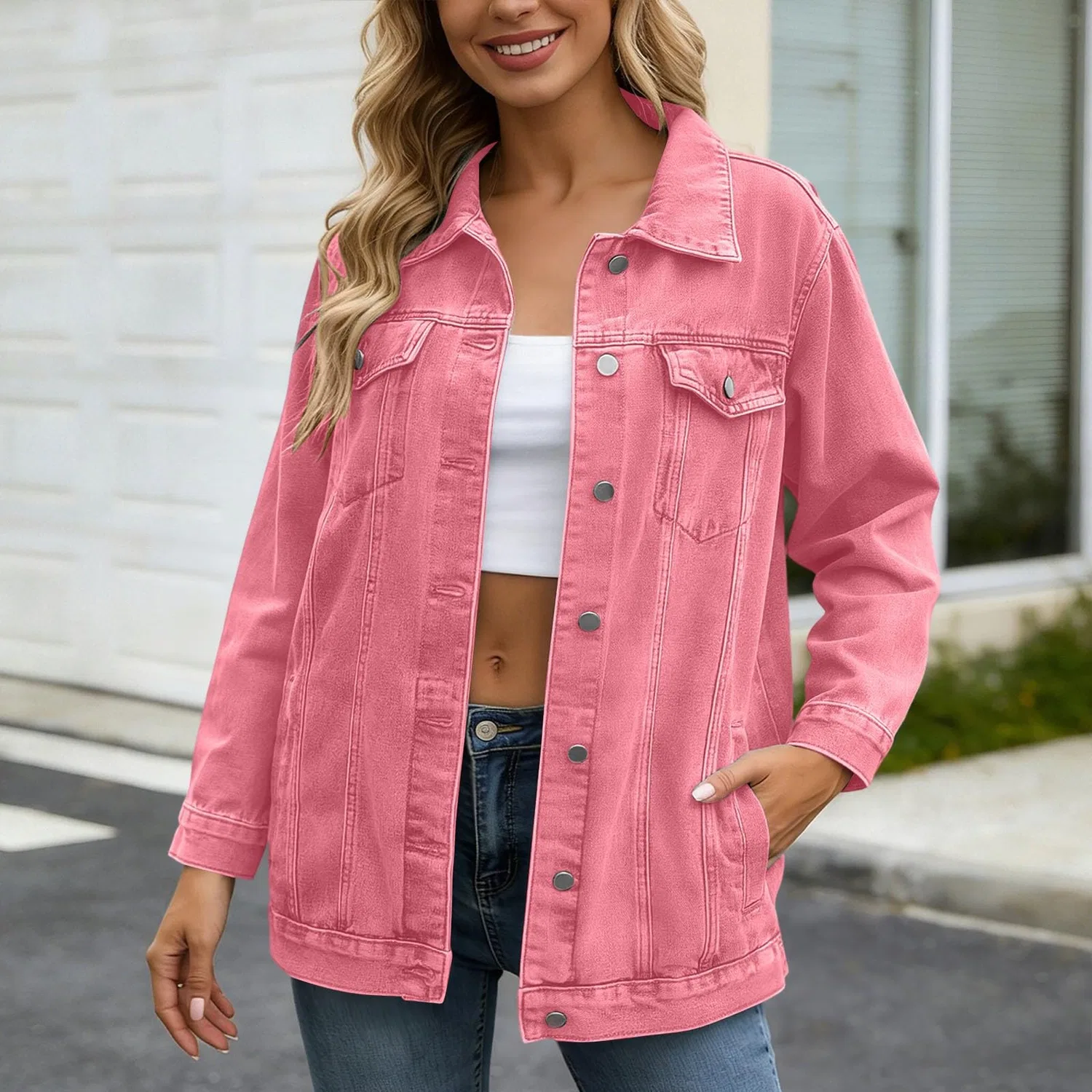 Женский джинсовый жилет без рукавов, модель Mid-Long, Rosa — фото 3