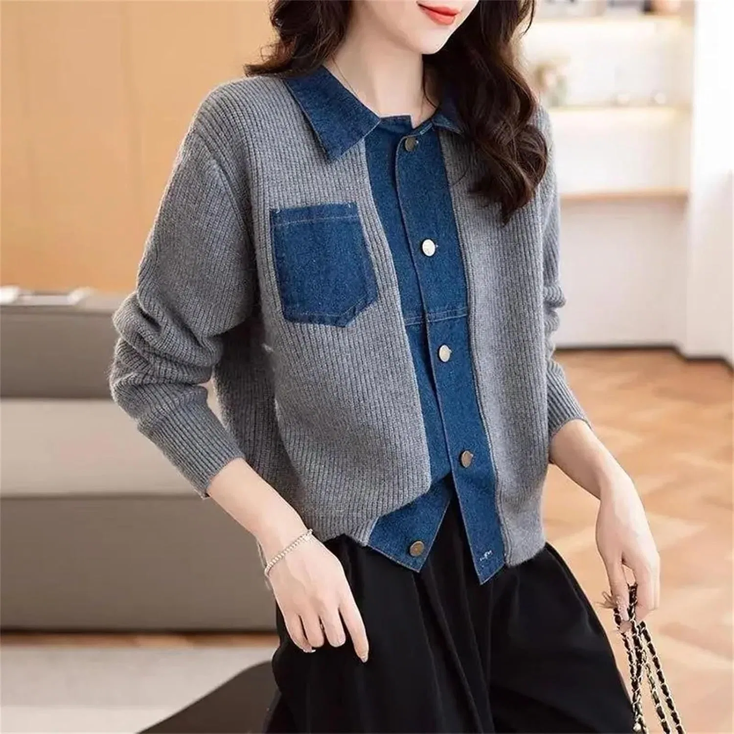 Женский джинсовый кардиган с воротником, модель Spring Denim Patchwork, красный — фото 3