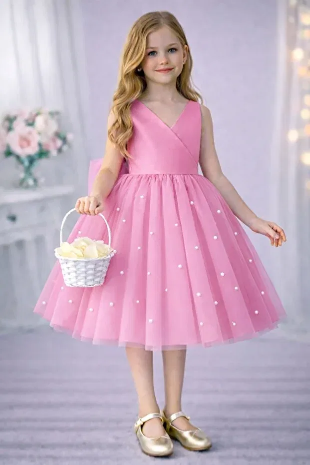 Детское платье для девочек с принтом Candy Pink Skirt With Pearl Detail Wrap Collar Mini Simple Prom & Birthday Suneh, Candy Pink