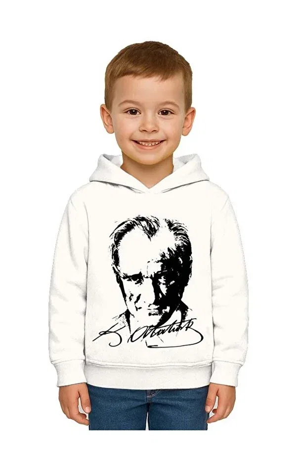 Детские свитшот с капюшоном с принтом Unisex moon and star may 19 october 29 april 23 november 10 ataturk children's hooded sweatshirt Sedirli, White — фото 4