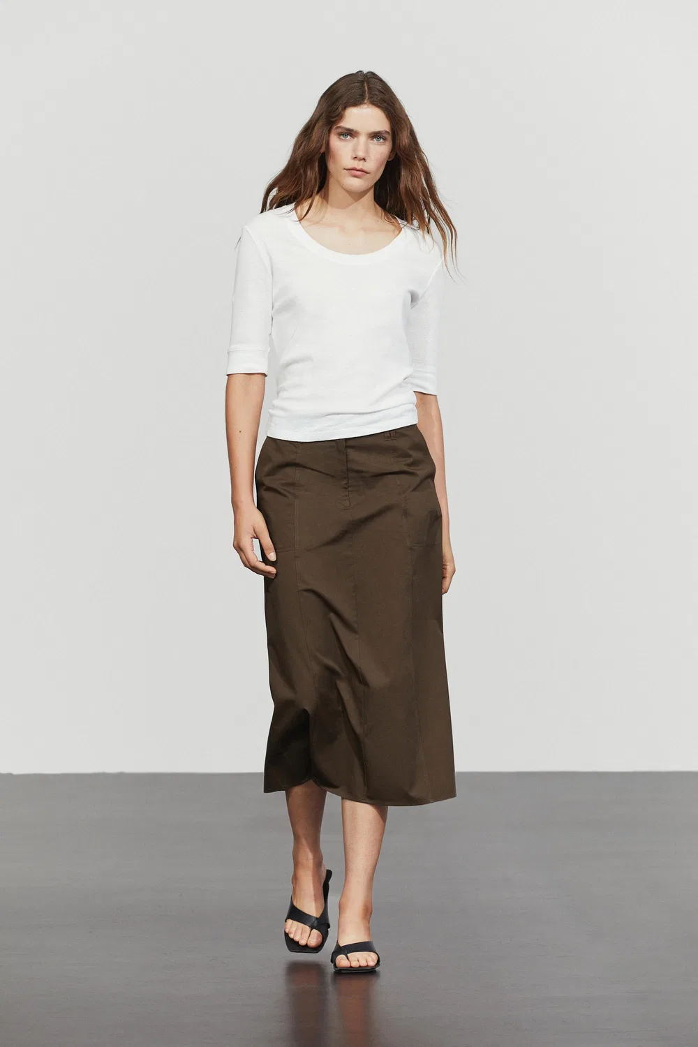 Юбка Massimo Dutti, миди-длина, из хлопка, коричневый