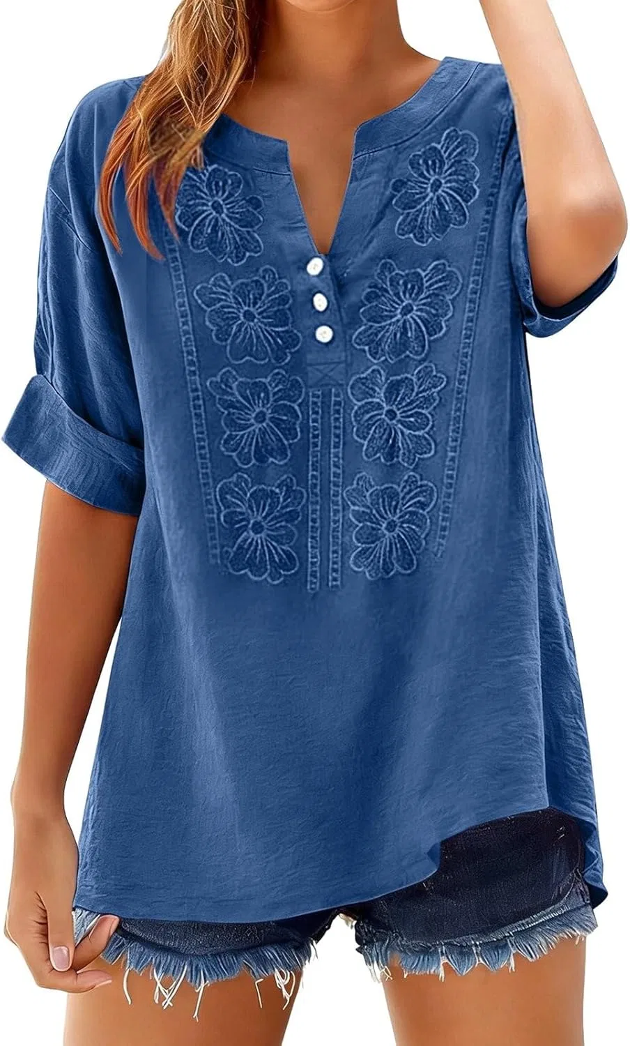 Женская блуза с вышивкой Cotton Linen Embroidered Peasant Blouses, Blue