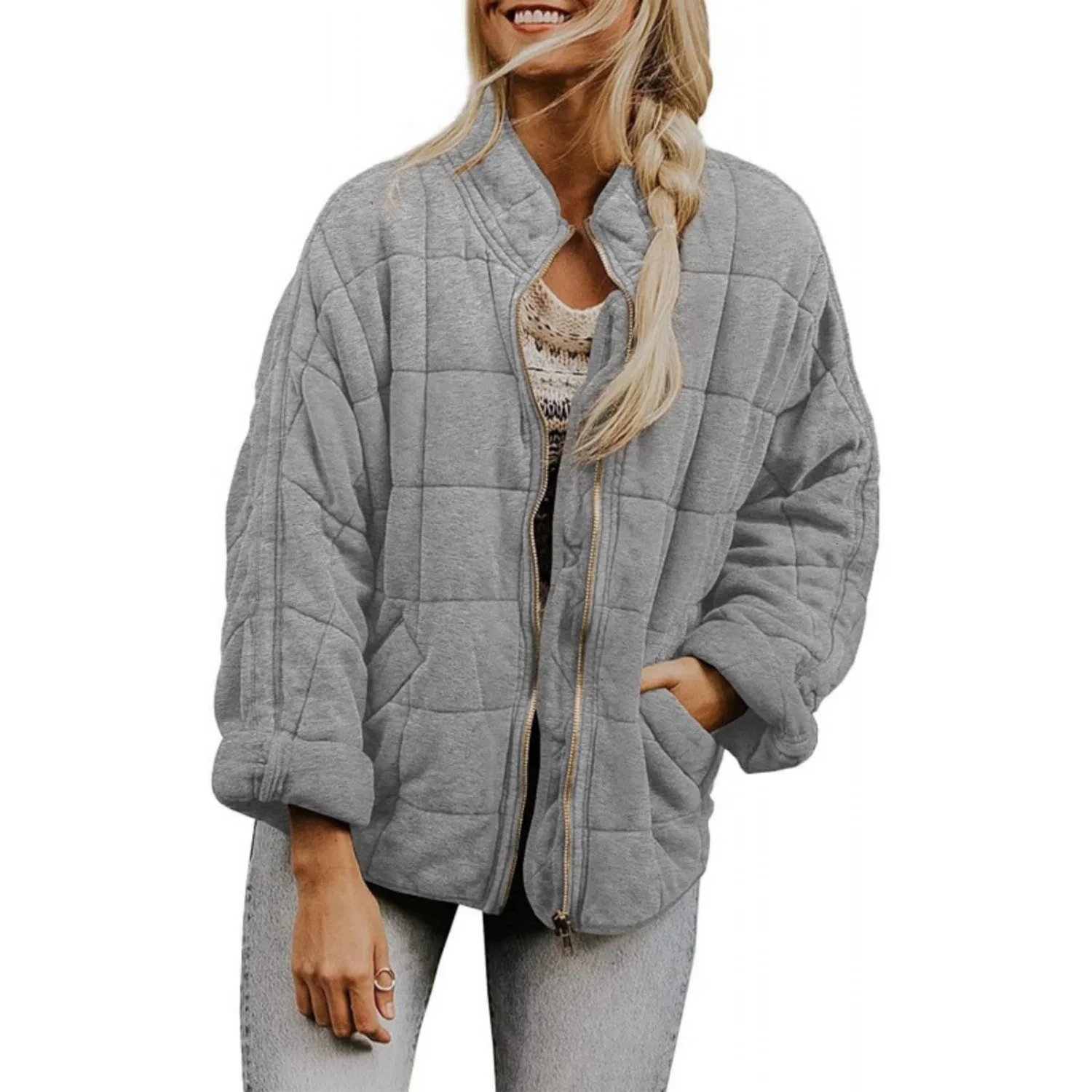 Женское утепленное пальто oversize с длинным рукавом, Grigio chiaro