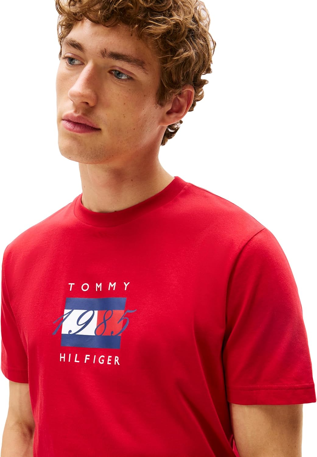 Мужские хлопковые футболки Tommy Hilfiger с коротким рукавом и принтом в виде линейного флага, Medium Red — фото 2