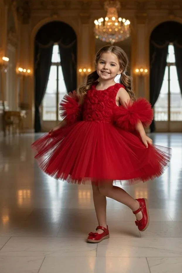 Детское вечернее платье для девочек с пайетками Pom-Pom sleeve rose embossed children's evening dress aby246, Red Abiyekids — фото 3