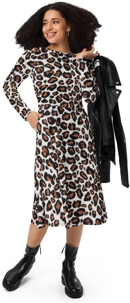 Женское платье миди с принтом Leopard Long Sleeve Midi Dress, White