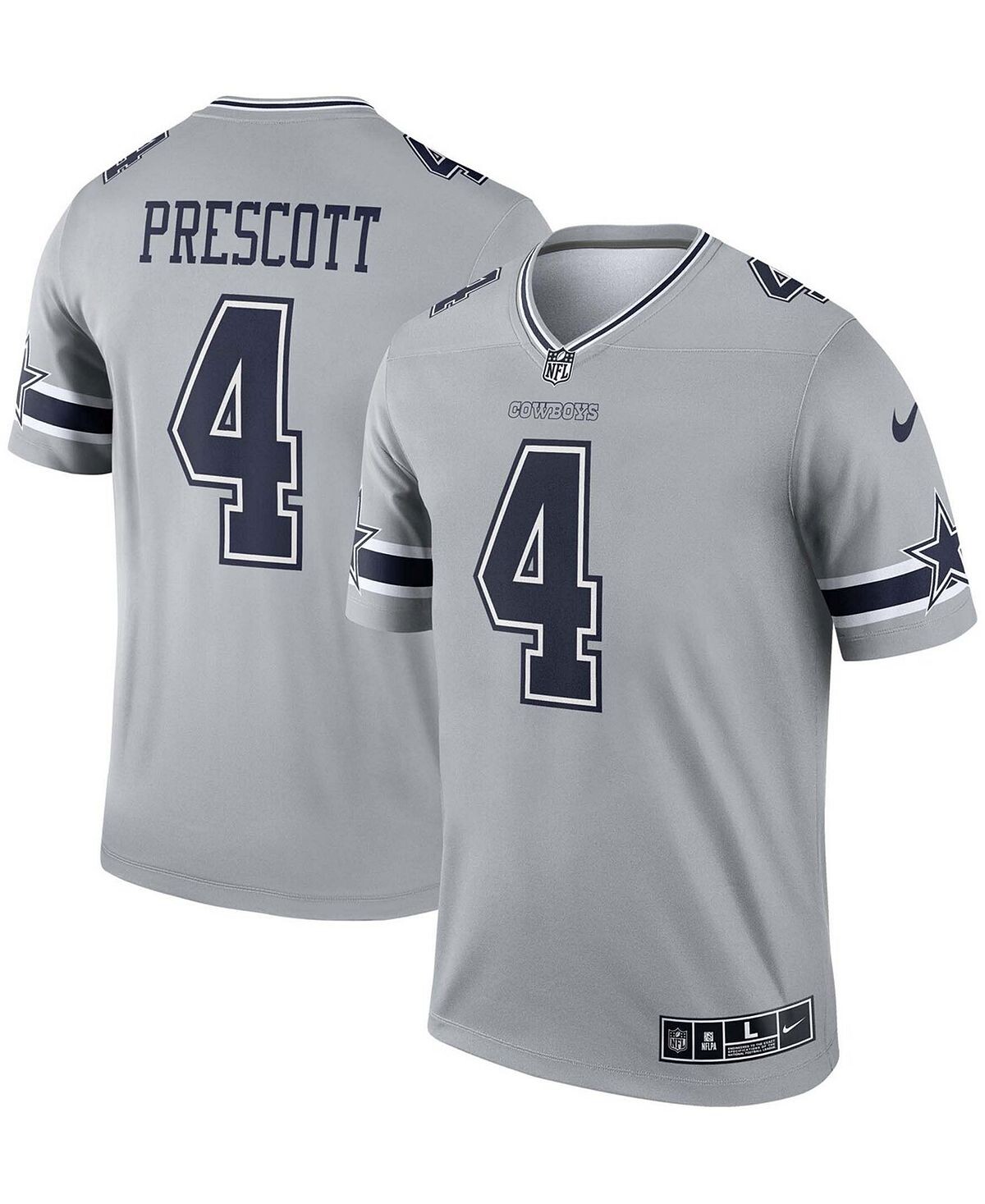 

Мужская джерси dak prescott silver dallas cowboys с перевернутой легендой Nike, серебряный