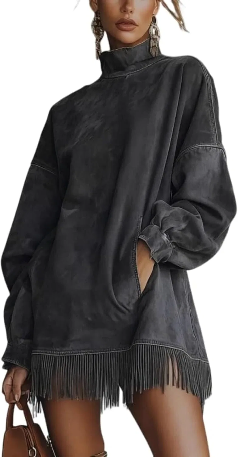 Женское платье мини с бахромой из замши, Black